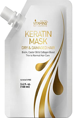 VITAMINS Hair Cosmetics Keratin Hair Mask for Damaged Hair - Protein Keratin Treatment Deep Conditioner for Dry Locks - Collagen Biotin & Castor Oil Repair Dryness & Enhance Shine - 100 ML