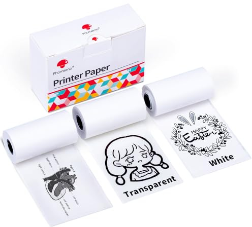 Phomemo Skrivarpapper – M02/M02Pro/M02S/M03/M03AS/M04S/M04AS miniklistermärke, skrivarpapper, vit/halvtransparent/transparent fick-termiskt papper för självhäftande dekalpapper, 3 rullar