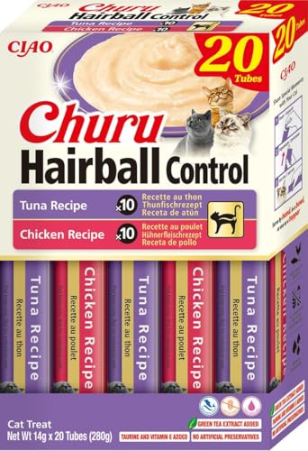 INABA Churu Anti Hairball Katze mit Taurine, Ballaststoffe, 30% Huhn oder Thunfisch, Getreidefrei, Zuckerfrei, Einzelzutat, Keine Nebenerzeugnisse, Katzen Leckerlies Anti Haarballen Katze 20 x 14 g