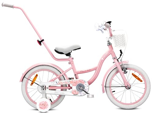 sun baby Flower Bike Vélo Enfant Fille 16 Pouces, dès 4 Ans, avec Petites Roues, Barre de Poussée, Panier, Sonnette, Frein V-Brake (Rose, 16 Pouces)