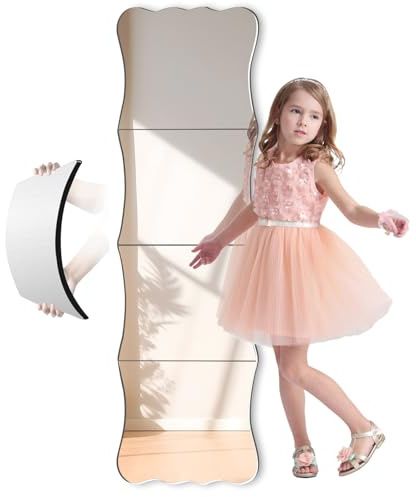Doeean Wavy Shatterproof Full Length Wall Mirror Tiles, 47 x 14 (4 Pack 14 x 12), Unbreakable Acrylic Safety Body Mirror for Kids, Baby, Toddler, Playroom, Dorm, Door & Gym, Frameless Non-Glass