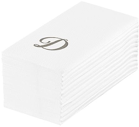 Luxenap - Asciugamani per ospiti al tatto di lino, 40 x 20 cm, 2000 asciugamani con lettere – Lettera D argentata, caratteri corsivi, tovaglioli di carta bianca, laminati ad aria, per bagni e tavoli –