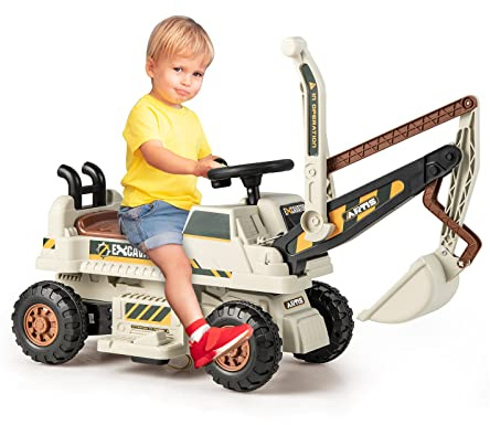 COSTWAY 6V Tractopelle Enfant Electrique avec Pelle & Siège Rotatif, Pelleteuse Electrique Enfants avec Lumières LED Musique, Espace de Rangement Caché, Charge 25KG, Excavateur Enfant de 3 Ans+(Gris)
