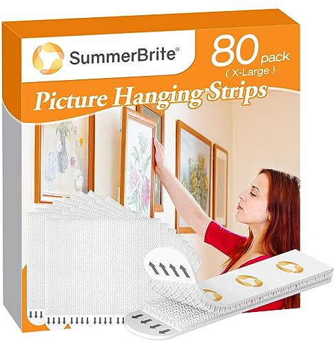 SummerBrite XL Picture Hanging Strips Heavy Duty, 80 Strips Damage Free Removal Picture Hangers for Wall, Sticky Hook & Loop Adhesive Strips for Poster/Picture/Home/Office, 40 Pairs/X-Large, White