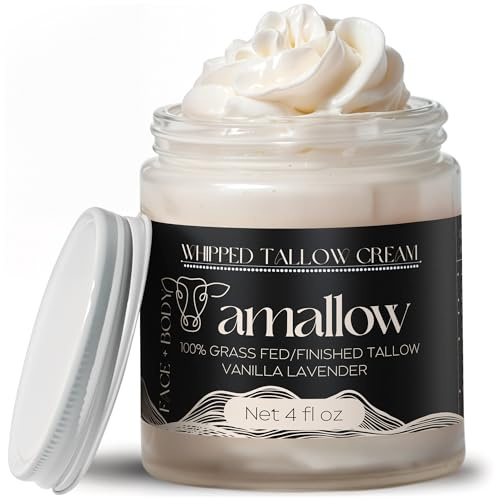Amallow 100% Grass Fed Beef Tallow for Skin Care - Face + Body - Whipped Moisturizer - Natural Lotion, 4 FL. oz. (Vanilla Lavender)