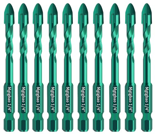Mgtgbao 10PC 6mm Masonry Drill Bits, 1/4” Concrete Drill Bit Set for Tile,Brick, Plastic and Wood,Tungsten Carbide Tip Best for Wall Mirror and Ceramic Tile (Green)