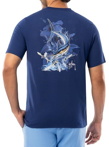 Guy Harvey Men’s Billfish Collection Short Sleeve Pocket T-Shirt, Estate Blue/Marlin Springs, XX-Large