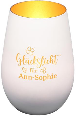 Windlicht aus Glas graviert mit Wunschnamen (Weiß/Gold,Klee) | Glückslicht | personalisiert | Teelichtglas | Teelichthalter | Geschenkidee für Männer und Frauen