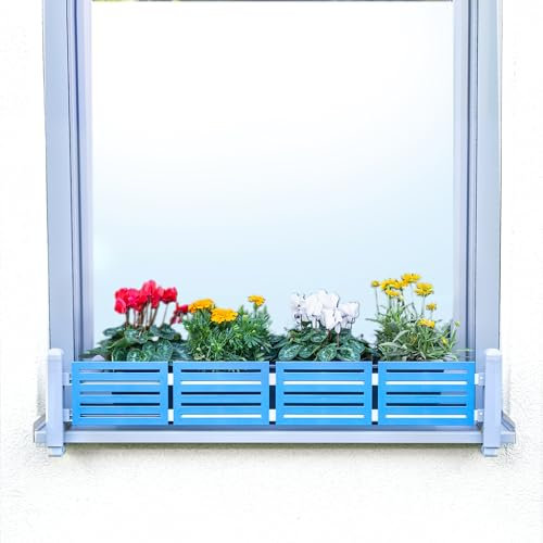 GREEN CREATIONS masu Basisset Grau, Blumenkastenhalterung ohne Bohren, Absturzsicherung, sichert Blumenkasten, Kräuter, Deko, stufenlos verstellbar 78-140cm (Dekorelemente: Waves, Sky Blue)