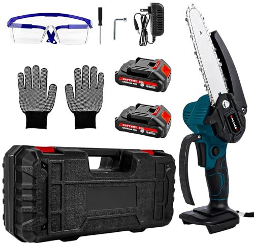 6 pollici Mini motosega elettrica con 2 batterie da 6000mAh e caricabatterie,Batteria per motosega manuale con serratura di sicurezza Batteria per motosega manuale per potatori tagliab