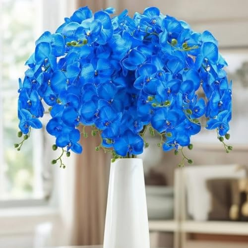 Thiccywoov 10 Pcs 36 Inch Blue Orchids Artificial Flowers Artificial Phalaenopsis Flowers Faux Orchid Stems Fake Flowers Arrangement for Tall Floor Vase Home, Wedding, Office