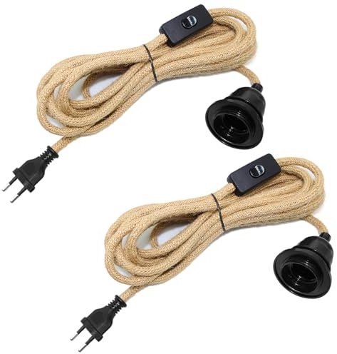 WPQIUZS 2 Stück Hanfseil Lampe Hängelampe mit Stecker, E27 Lampenfassung mit 510CM Kabel und Schalter, Lampenkabel mit Schalter, Vintage Pendelleuchte mit Stecker, Können DIY Kreativität Lampenschirm
