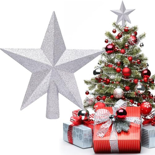 Punta de estrella para árbol de Navidad, estrella brillante, para decoración de árbol de Navidad, decoración de fiestas (20 cm), color plateado