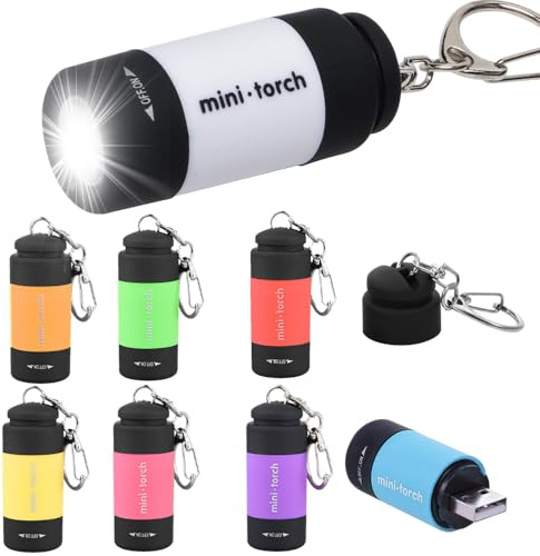Infreecs Confezione da 8 piccole torce a LED, super luminose, mini torcia tascabile ricaricabile tramite USB, torcia con portachiavi, colorata che si illumina al buio, per bambini e adulti, portatile