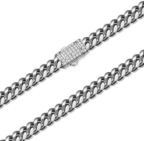 Bishilin Hip Hop Kette Herren 51CM, Edelstahl Halskette ohne Anhänger 10MM Panzerkette Curb Chain mit Zirkonia Verschluss Hip Hop Kette für Männer Silber