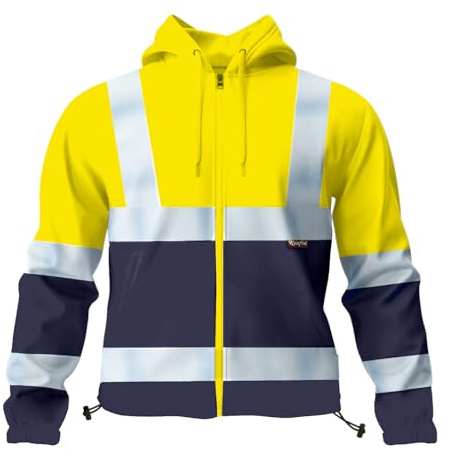 kraftd Mens Hi Vis Pullover Hoodie Reflective Tape Safety Work Drawstring Multi Zipped Pockets High Viz High Visibility Hoodie Sweatshirt (Yellow/Navy, XXL)