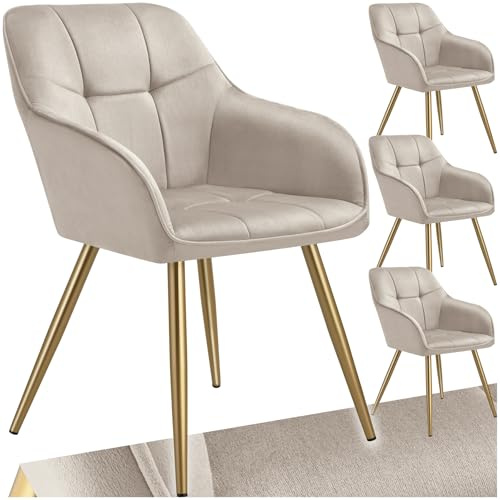 tectake® Samt Stuhl, Esszimmerstuhl mit Stepp Samtstoff, Küchenstühle modern, gemütlicher Sessel Wohnzimmer, Armlehnstuhl Esszimmer, Dining Lounge, Schminktisch Stuhl - Taupe/Gold, 4er Set