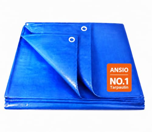 ANSIO Tarpaulin 5m x 8m Water-resistant Tarp with Reinforced Eyelets - Blue | Multipurpose Groundsheet, Cover for Camping, Garden, Storage, DIY Projects with UV Protection, Weatherproof & Frost-Resistant