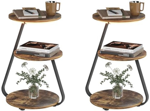 ARTETHYS Side Table Set of 2, Small Round Coffee Table, Rustic Brown