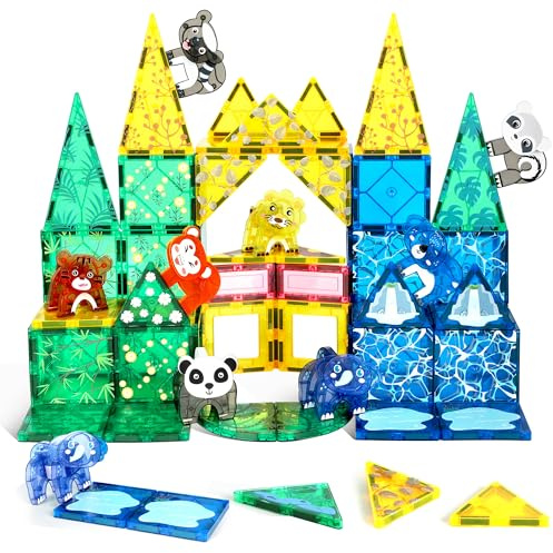 Mauikay Magnetic Tiles Toys with Safari Animals, 3D Magnetic Building Blocks for Kids Toddlers Ages 3-5 5-7 STEM Educational Toy Magnet Tiles Jungle Animal Set for Boys Girls Classroom Must Haves