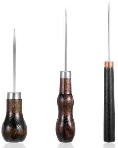 3 Stück Ahle Vorstecher mit Holzgriff Lederhandwerk Nähen Leder Werkzeug Prickelnadel Ahle Werkzeug Ledernadel Lochstecher für DIY Nähahle Handwerkzeug Lederverarbeitung