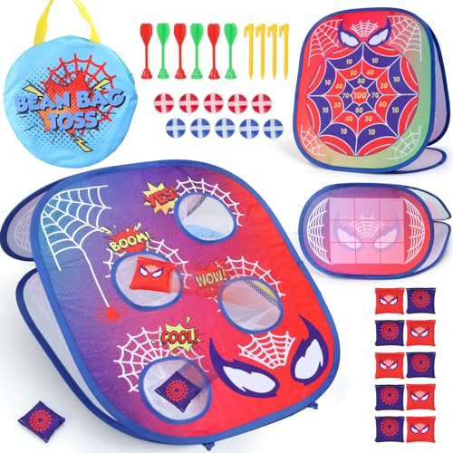 Aooess Toys for 3+ Year Old Boys: Spider Bean Bag Toss Game Kit, Dart Board Set With 10 Sticky Balls, Gifts for Toddlers Age 3 4 5 6 7 8 Birthday Presents, Outdoor Garden Party Toss Games for Kids