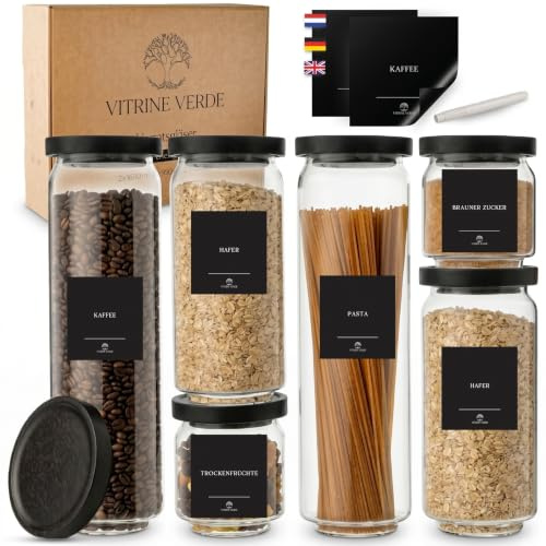 Vitrine Verde Vorratsgläser 6er Set mit Schwarzem Holzdeckel – Vorratsdosen Glas Luftdicht mit Deckel Stapelbar – inkl. 46 Etiketten & Marker – Borosilikatglas LFGB geprüft