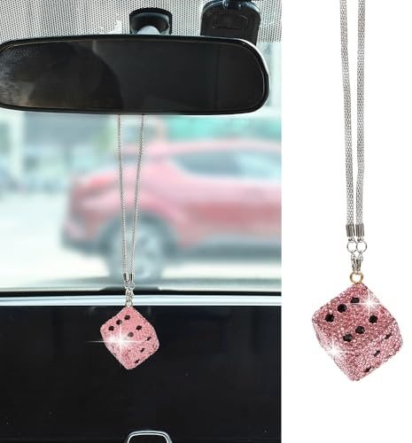 Blueshyhall Würfel Anhänger Auto Ruckspiegel Glitzer, Bling Bling Würfel Anhänger aus Strass und Metall Klein, Hängend Ornament Deko für Auto Buro Haus Rucksack Charm Damen Frauen (Rosa)