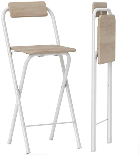 HOMCOM Juego de 2 Taburetes de Bar Plegables Taburetes Altos de Cocina con Respaldo Reposapiés y Marco de Acero para Comedor Mostrador Natural