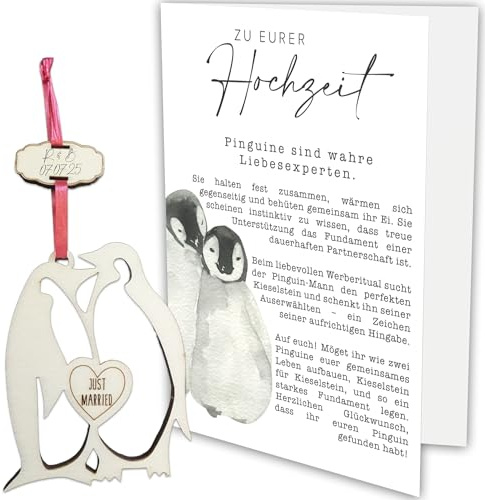 Pusteblume Grusskarten Hochzeitskarte mit hölzernem Pinguin als Andenken - großes A5-Format Karte Hochzeit (Hochzeitskarte)
