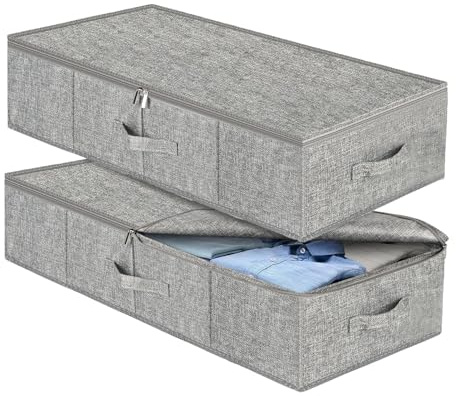 TIHOOK Förvaringslåda för undersäng med lock, stor vikbar undersängbord med handtag, dubbel dragkedja och etikettfickor, undersänglåda för kläder, täcken, sängkläder, 76 x 40 x 17 cm, grå