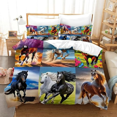 JCOUSDAEO 3 Pieces Horse 3D Printed Quilt Cover Stallion Bedding Set Soft Microfiber Easy Care Quilt Cover Set with 2 Pillowcase Double（200x200cm）