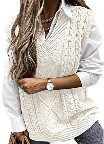 Pull Femme Gilet en Tricot sans Manches Blouson Col V Pullover Chandail Chaud Bureau Tops Automne Hiver Veste Sweater Simple Cadeaux de Noël La Saint-Valentin Anniversaire