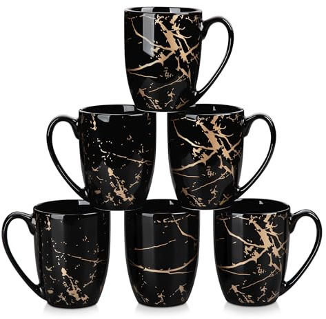 LOVECASA Daphne Tazas de Café de Porcelana 330 ml – Juego de 6 Mugs con asa para Espresso, Cappuccino, Latte y Té – Aptas para Lavavajillas y Microondas – Diseño Negro y Dorado Elegante