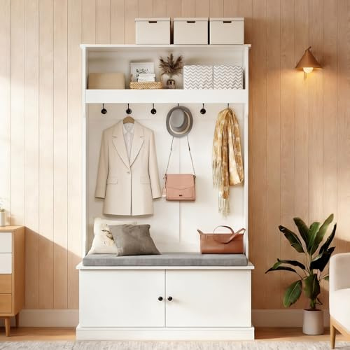 Aptliton Coat Rack with Shoe Storage, 170cm Freestanding Hall Tree with Shoe Bench & Seat Cushion, Upper Storage Shelf and 6 Hooks, Wooden Coat and Shoe Storage Organiser for Hallway, Entryway,Bedroom