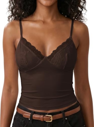 Xiaoliny Débardeurs Femme Dentelle Sexy Top Caraco sans Manches Col en V Été Haut Court Chic et Élégant Crop Tops à Bretelles Spaghetti Ajustables Y2K Slim Fit Camisole Shirt pour Casual Fête