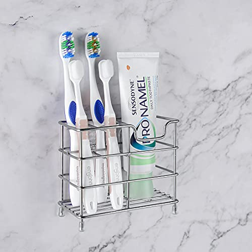 Linkidea Wall Mount Toothbrush Holder for Bathroom, Stainless Steel Stand for Electric Toothbrush, Toothpaste, Razor, Self Adhesive/Countertop 5 Slots Organizer (Chrome)