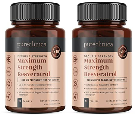 Pureclinica 1000 mg Resveratrol x 180 Tabletten – Vorrat für 6 Monate, 10 x Stärke mit schwarzem Pfefferextrakt (90 Stück (2er-Pack))