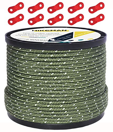 50M reflektierende Schnur Guy Seile Outdoor Zelt Führungsseil 100% Nylon Schnur Windlinie mit 10 Stück Aluminiumlegierung Spanner für Camping (Armeegrün, Diameter 4 mm)