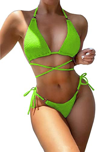 YIMISAN Sexy Zweiteiliger Badeanzug für Frauen Sexy Bademode Neckholder String Triangel Tanga Bikini-Sets, neon green, Medium