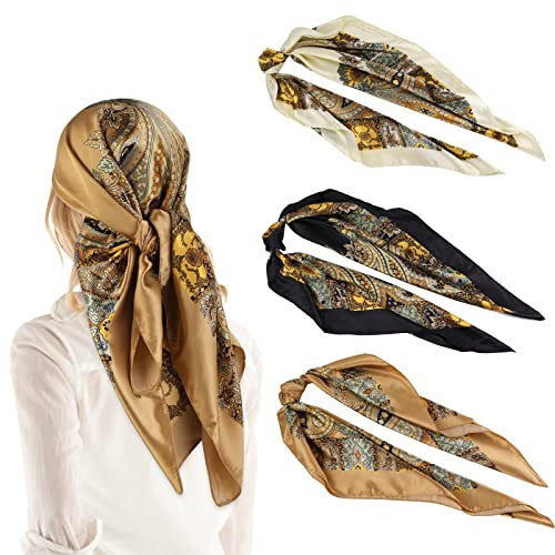 WLLHYF 3 Stück große quadratische Schals für Frauen 90 x 90 cm Seide Retro Quadrat Druck Kopftuch Mädchen Bandana Halstuch Haarschmuck