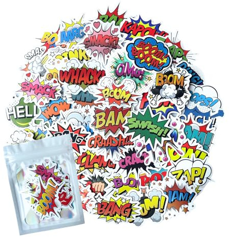HNTR® Comic Book Stickers | 50 POW! Boom! BAM! Superhero Stickers for Kids and Adults | Fun for Sticker Book, Scrapbooks and Laptop Decoration