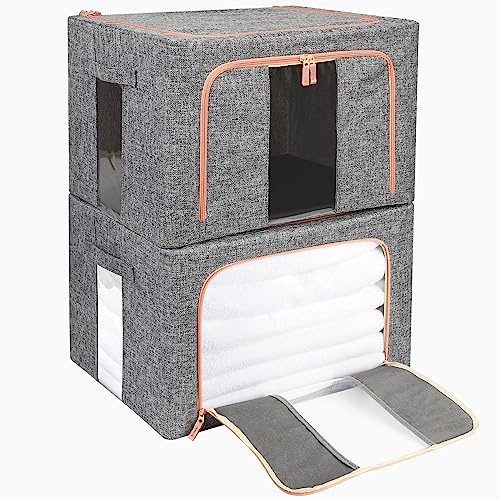 BELLE VOUS 2er Pack Faltbarer Kleiderschrank Organizer mit Stahlrahmen - Stoffboxen Aufbewahrung mit Sichtfenstern & Verstärkten Griffen - Großes Ordnungssystem Kleiderschrank, Bettwäsche & Mehr
