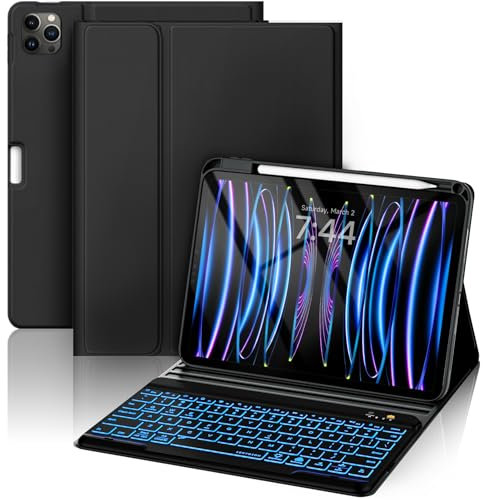 Tumeiguan iPad Pro 12.9'' Case with Keyboard - Compatible 12.9-inch 2022/2021/2020 (6th/5th/4th Gen) - Pencil Holder - Smart Folio Cover - 7 Color Backlit Detachable Wireless (Black)