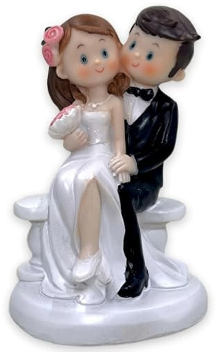 Tortenfigur Hochzeit Brautpaar Tortenaufsatz Tortendeko Hochzeitspaar für Torte Cake-Topper Hochzeitstorte, Dekofigur Hochzeitspaar Wedding Trauung (Comicstyle sitzend auf Bank)