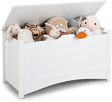 Costzon Wooden Toy Box, 36” Kids Large Storage Trunk Bench Organizer with Safety Hinges, Children's Home Playroom Bedroom Furniture, Easy Assembly, Toy Chest for Girls, Boys (White)