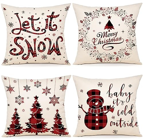 ZWJD kuddfodral jul 50 x 50 set om 4 örngott prydnadskuddar linne örngott för dekoration jul soffa sovrum soffa örngott 50 x 50 cm