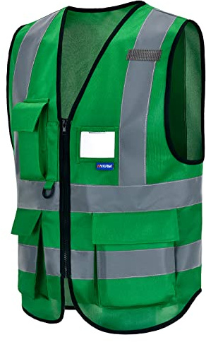 AYKRM Chaleco de seguridad Reflectante Alta visibilidad Ropa de trabajo Cremallera Multibolsillos Verde