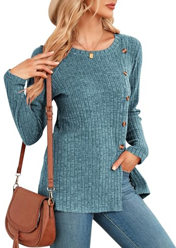NARRAME Maglioni da Donna a Maniche Lunghe Tunica Top da Donna Bottoni Spacco Laterale Primavera Autunno Grande Denim Blu