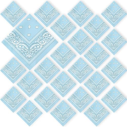 Tranqun 24 Pcs Bandanas Bulk 21.25 x 21.25 in Large Bandana Headband Paisley Cowboy Polyester Bandanas Scarf for Men Women(Light Blue,Classic)